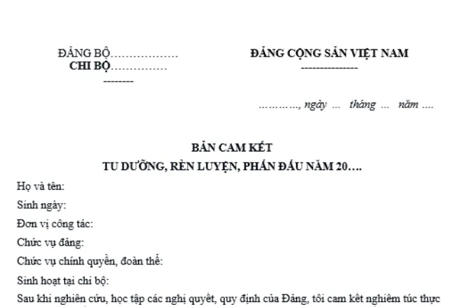 Mẫu bản cam kết tu dưỡng rèn luyện