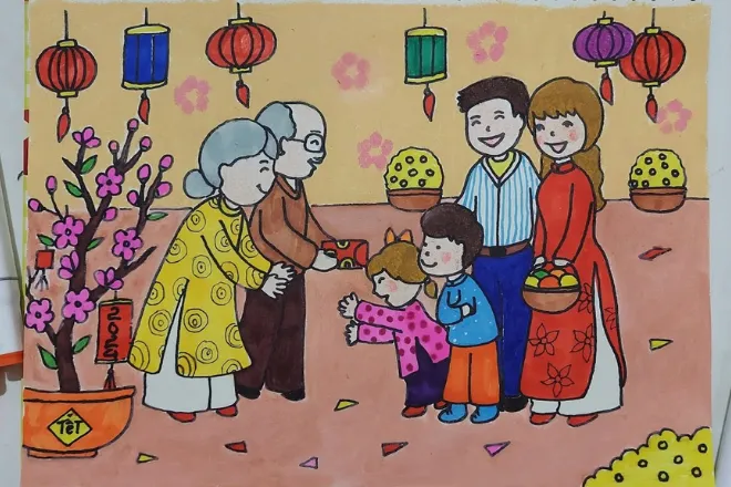 Vẽ tranh đề tài chúc tết ông bà