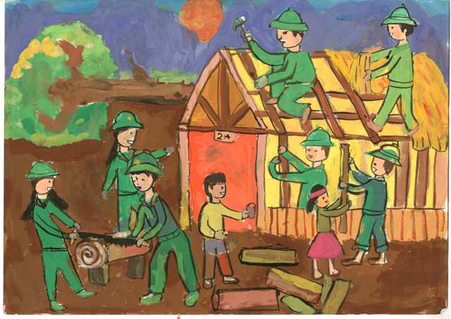 Vẽ tranh đề tài bộ đội giúp dân gợi lên hình ảnh các chiến sỹ đang bảo vệ và giúp đỡ người dân trong các vùng khó khăn. Những hình ảnh này sẽ làm bạn cảm thấy tình người và tình quân đội của đất nước Việt Nam.