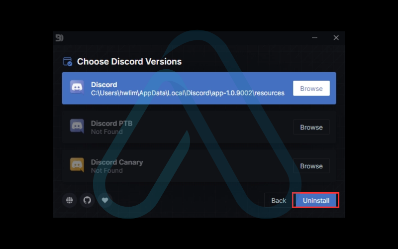 Choose the Discord version and click 'Uninstall' Choose the Discord version and click 'Uninstall'