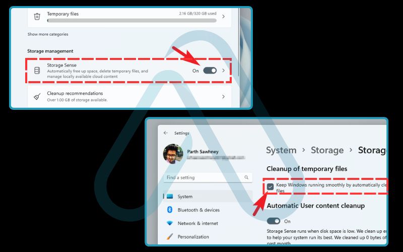 Click on storage sense and cleanup of temporary files Click on storage sense and cleanup of temporary files