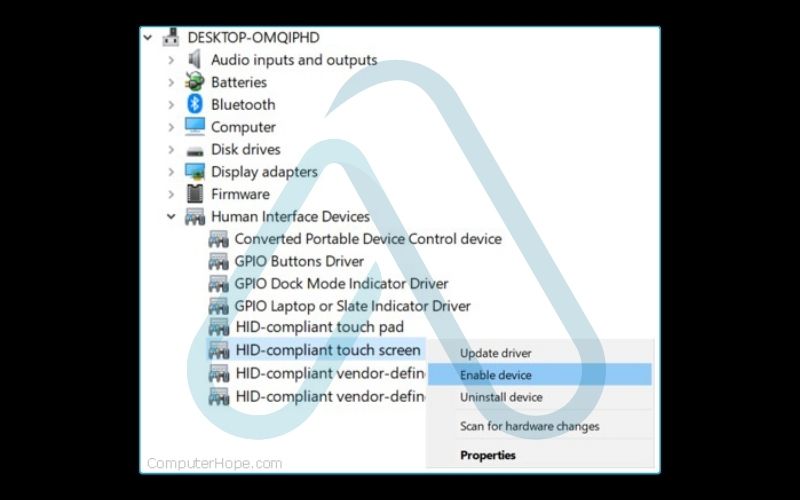 Find your HID-compliant touch screen device > Select Enable device.
