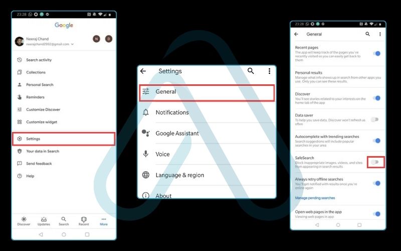 Settings safe search